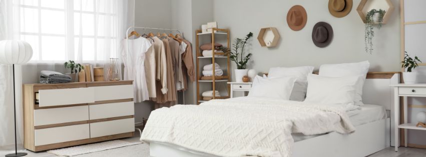Chambre organisée happiness rangement chevet organisateur commode portant vêtements cintre étagère, optimisez votre espace et gagnez sérénité
