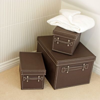boite de rangement cuir marron avec couvercle et poignée