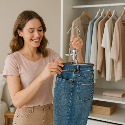 cintre pince femme souriante cintre son jean dressing chambre