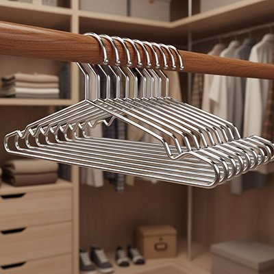 cintreâs chromĂ© alignĂ© sur penderie bois dans dressing