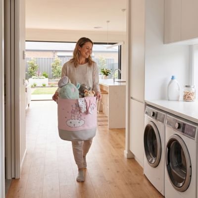 femme dans buanderie avec panier a linge