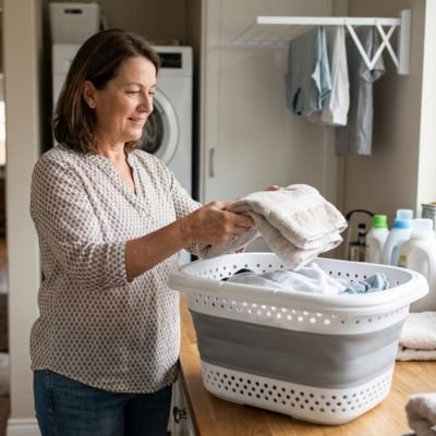 femme dépose serviette dans panier à linge plastique