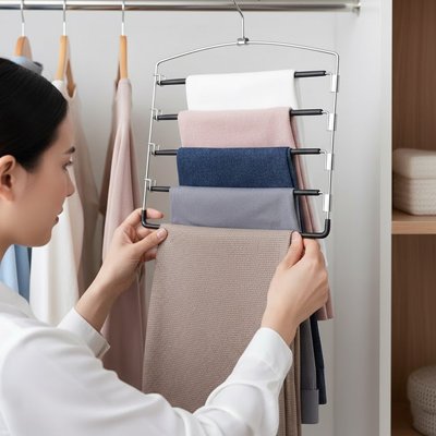 femme optimise penderie en utilisant cintre pantalon