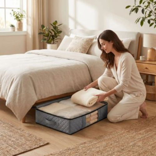 femme range linge sac de rangement pour vetement pret lit