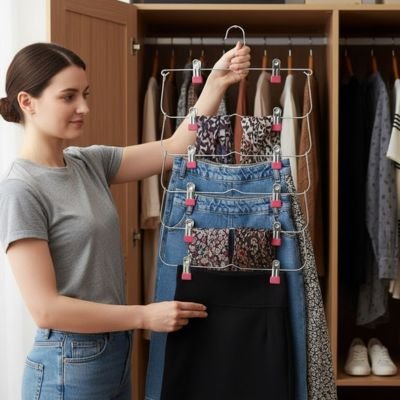 femme tient crochet cintres Ă pantalon suspendu jupe jeans foulard