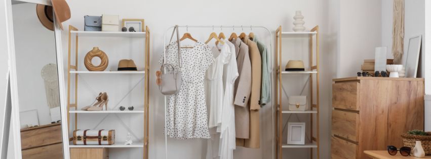 miroir étagères penderie organisée happiness rangement chapeau sacs valise cintres bois paniers espace optimise