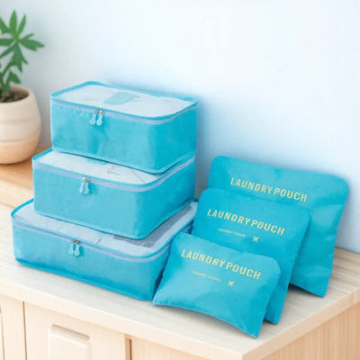 organisateur de valise bleu alvéolé 6 pochettes différentes tailles