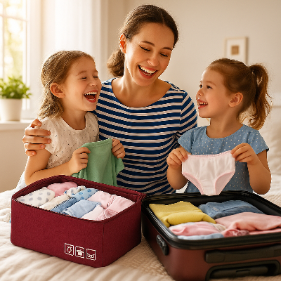 organisateur pour valise bordeaux femme préparatif vacances avec enfants sourir