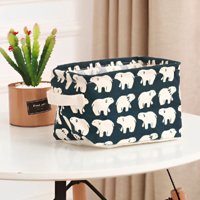 panier rangement fond bleu motif ours blanc poignées table