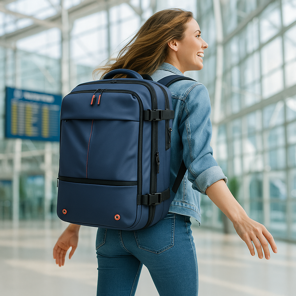 sac a dos voyage avion bleu femme aéroport