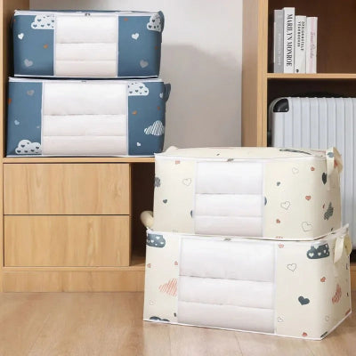 sac de rangement couette beige bleu pliable gain de place