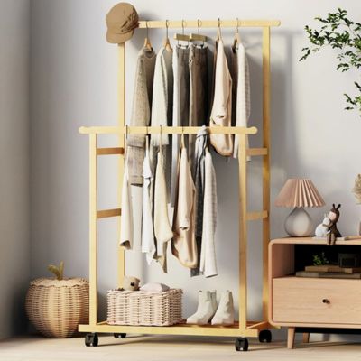 Portant-vetement-en-bois-massif- avec-étagère-pour-rangement-garde-robes
