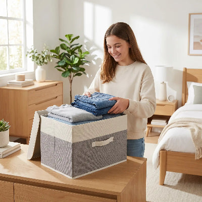 adolescente range jean dans boite de rangement pour vetement