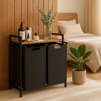 bac a linge double bac étagère cosmétiques chambre lit plante