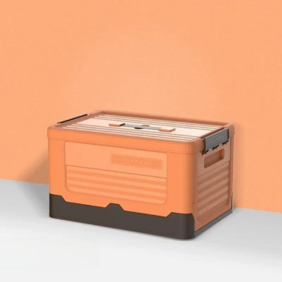 boite de rangment plastique orange couvercle rebord renforcé en marron