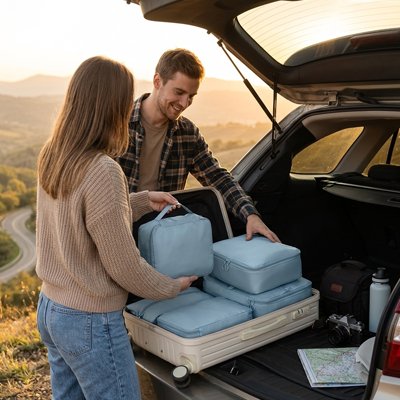 couple sort organisateurs de valise de leur valise coffre voiture
