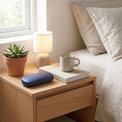 étui à lunette bleu polyvalent posé sur table de nuit