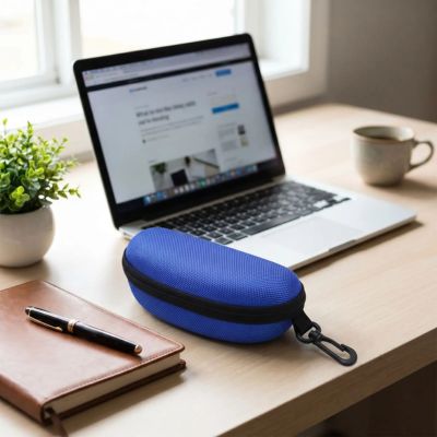 étui à lunette bleu posé sur bureau