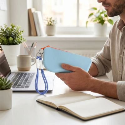 étui à lunettes bleu tenu main homme bureau