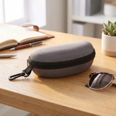 étui à lunette gris posé sur bureau