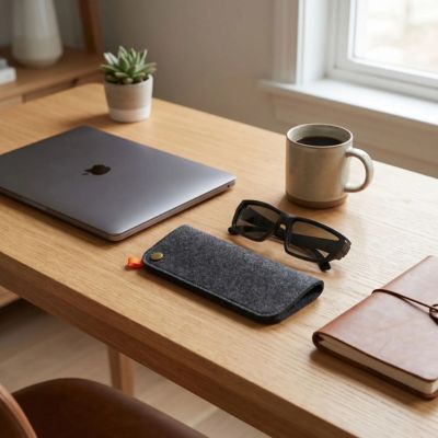étui à lunette noir posé sur bureau