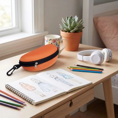 étui à lunette orange pose sur bureau