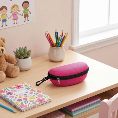 étui à lunette rose pose sur bureau