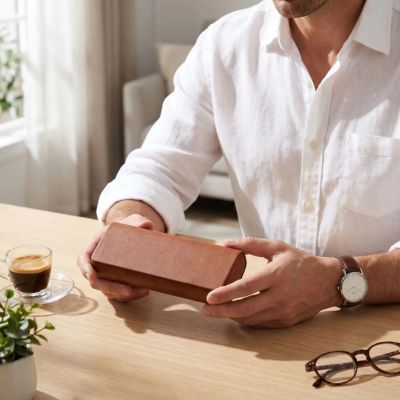 étuis à lunettes rigide marron tenu par un homme