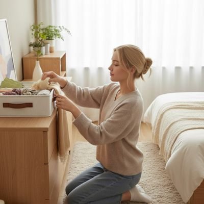 femme accroupi chambre range foulard dans organisateur de tiroir