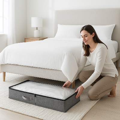 femme accroupi glisse sous lit sac de rangement sous vide