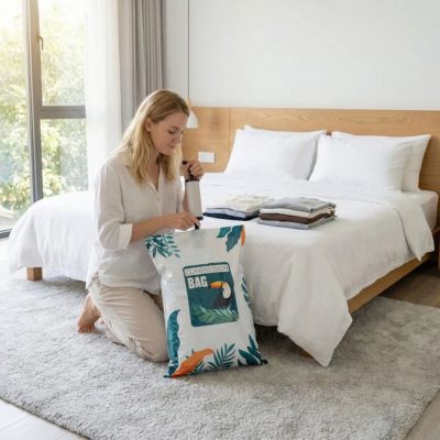 femme aspir air sac sous vide vetement chambre