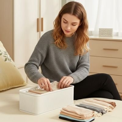 femme assise lit range culotte dans organisateur de tiroir