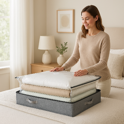 femme assise lit range linge sac de rangement sous vide