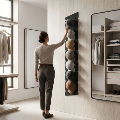 femme choisi casquette sur porte casquette mural suspendu mur dressing 
