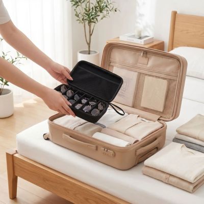 femme dépose dans valise rangement lunette 