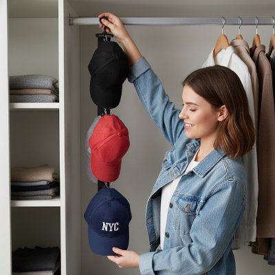 femme montre son porte casquette dans son dressing
