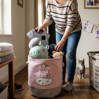 femme penche au dessus panier a linge chateau