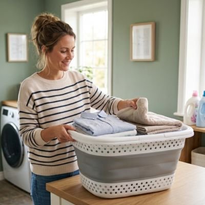 femme pose linge plier dans panier à linge plastique