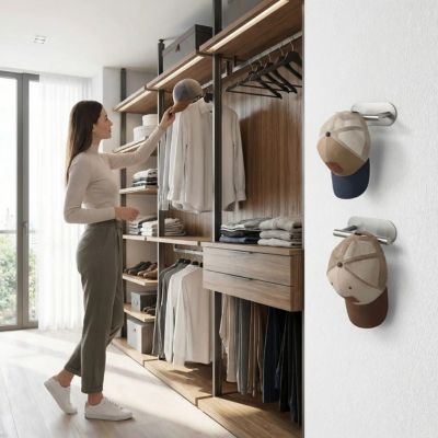 femme prend casquette sur porte casquette mural installé dressing