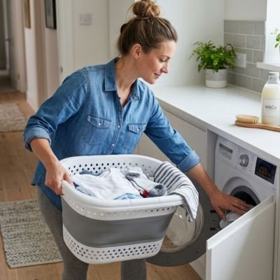femme prépare sa machine avec panier à linge plastique