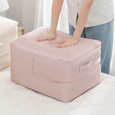 femme presse sac rangement couette rose