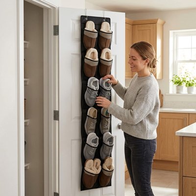 femme range basket dans rangement chaussures suspendu porte