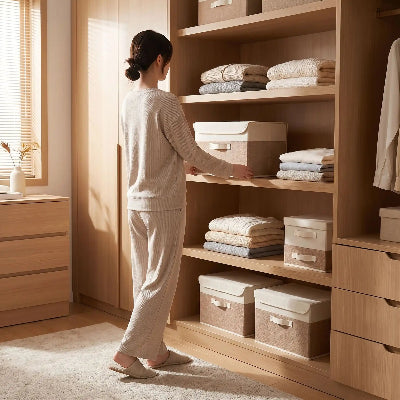 femme range boite de rangement pour vetement beige etagere dressing