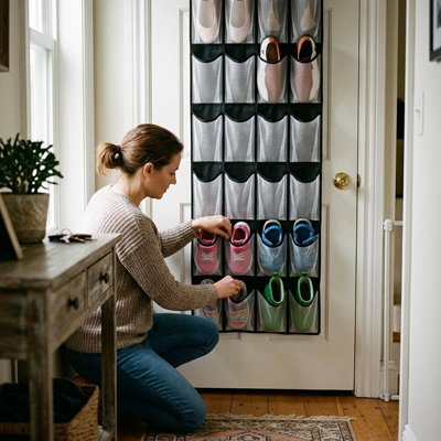 femme range chaussures enfant dans rangement chaussures suspendu porte entrée