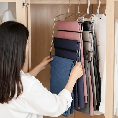 femme range cintre pantalon​ économise 3/4 place penderie
