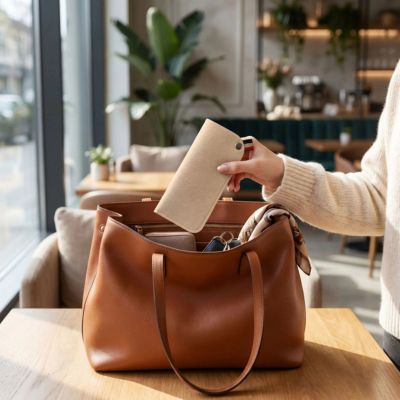 femme range étui à lunette beige dans sac a main