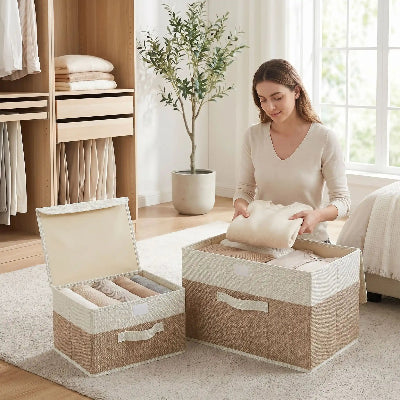 femme range facilement habit dans boite de rangement pour vetement 