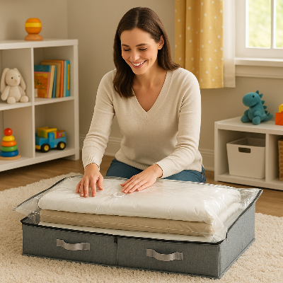 femme range linge sac de rangement sous vide chambre enfant