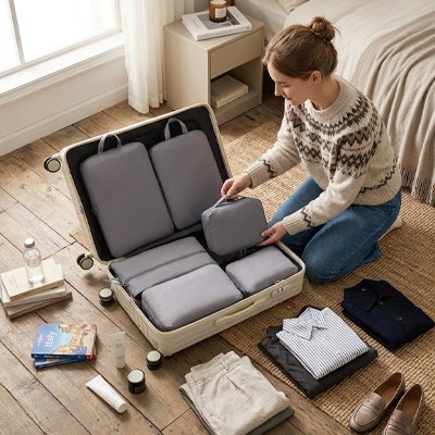 femme range sa valise avec organisateurs de valise 