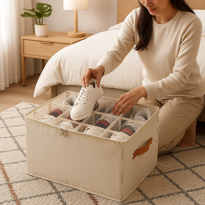 femme range ses chaussures dans compartiments boite rangement chaussures beige